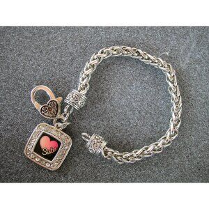 Silver "Sister" Heart Charm Bracelet With Woven Chain Design & Rhinestone Accent